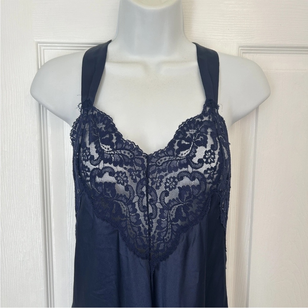 Nightgown slip dress vintage Vanity Fair Navy Blue Lace Medium 57” Long
